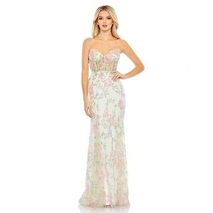 Mac Duggal Pink and Green Embroidered Maxi Dress